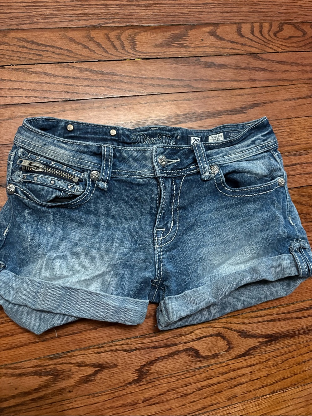 Miss Me Distressed Cuffed Denim Shorts - Medium Blue Wash